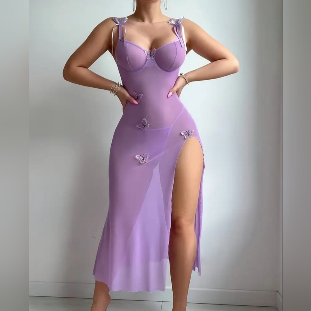 NWT sheer purple mid-length lingerie dress with slit, size medium.